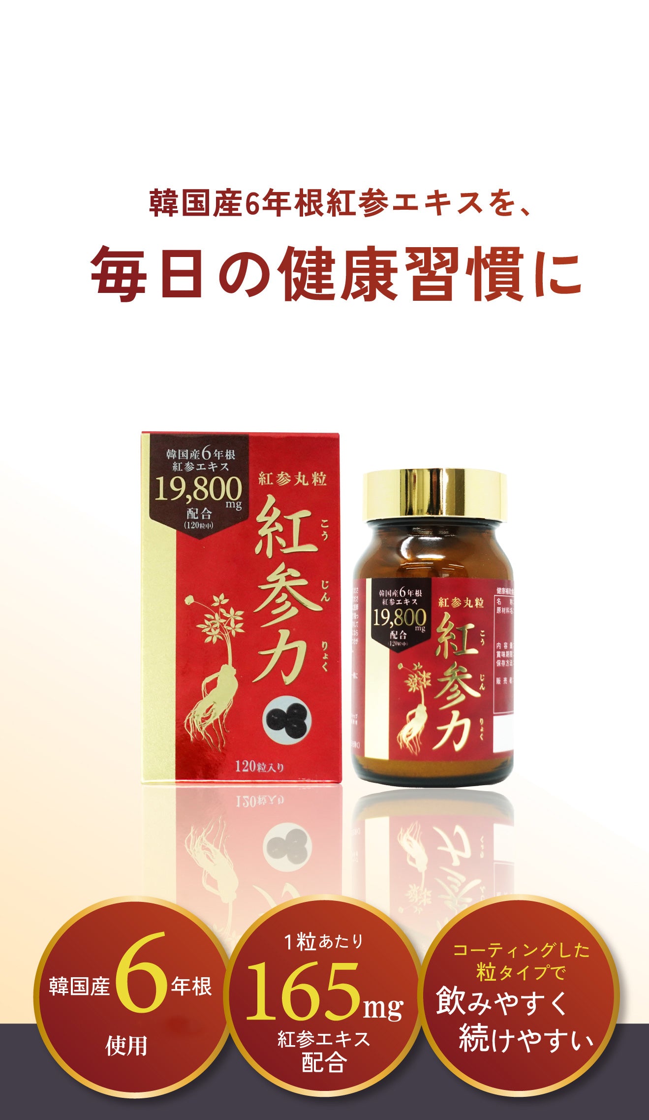 韓国産6年根紅参エキスを配合したサプリメント「紅参丸粒（120粒入り）」の商品パッケージとボトルの画像。1粒あたり紅参エキス165mg配合、一番搾り40%以上使用、コーティング加工で飲みやすく続けやすい特徴の紹介。
