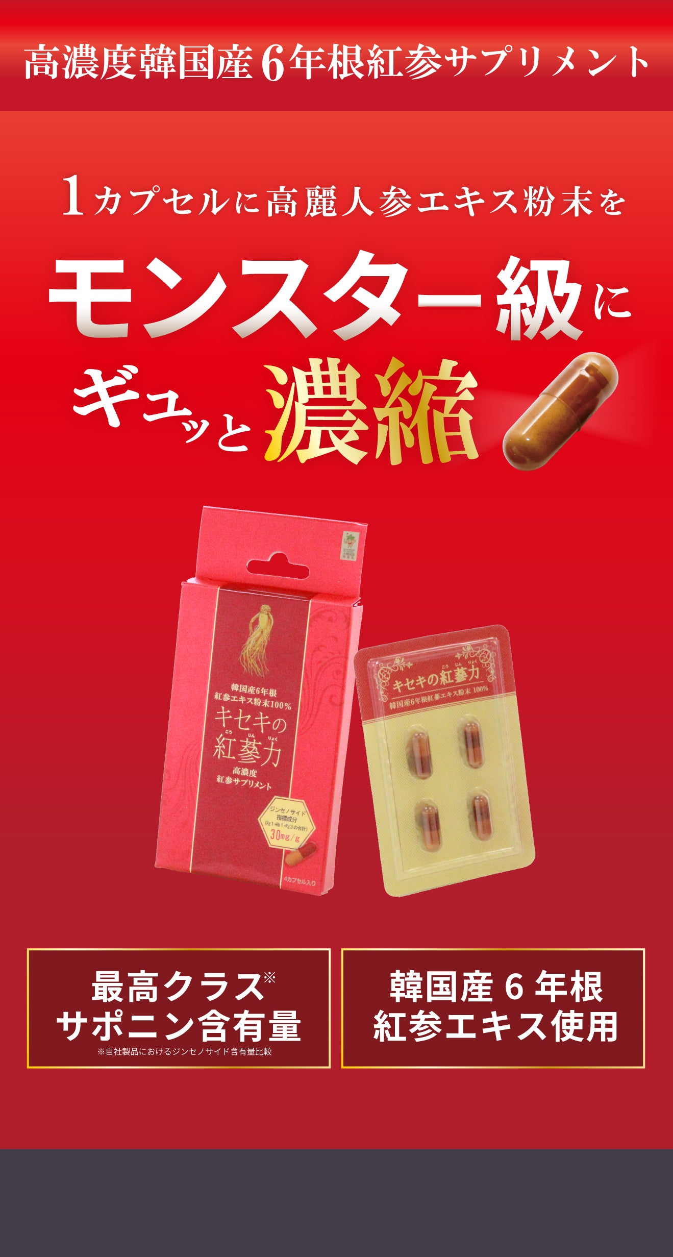高濃度韓国産6年根紅参サプリメント「キセキの紅参力」。1カプセルに高麗人参エキス粉末をモンスター級にギュッと濃縮。最高クラスのサポニン含有量（自社製品におけるジンセノサイド含有量比較）と、韓国産6年根紅参エキス使用の特徴。