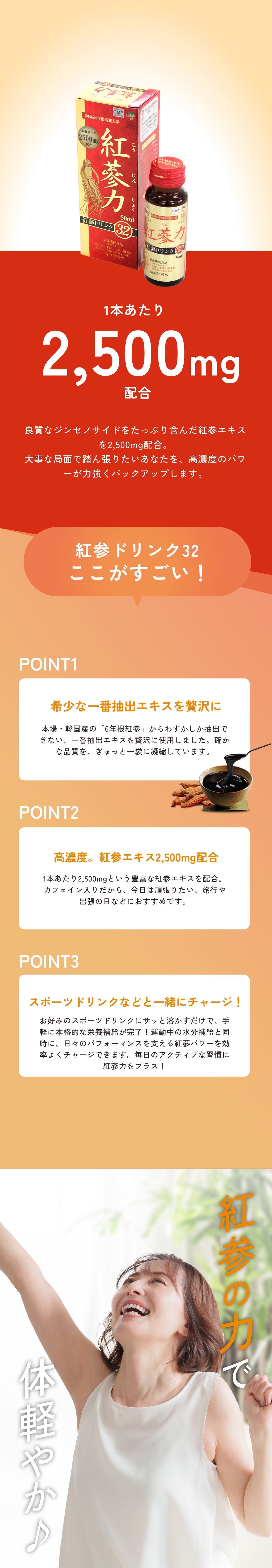 「紅参ドリンク32」の3つの特徴。1袋あたり紅参エキス2500mg配合。希少な一番抽出エキスの贅沢使用、スポーツドリンクなどと一緒にチャージできる魅力。